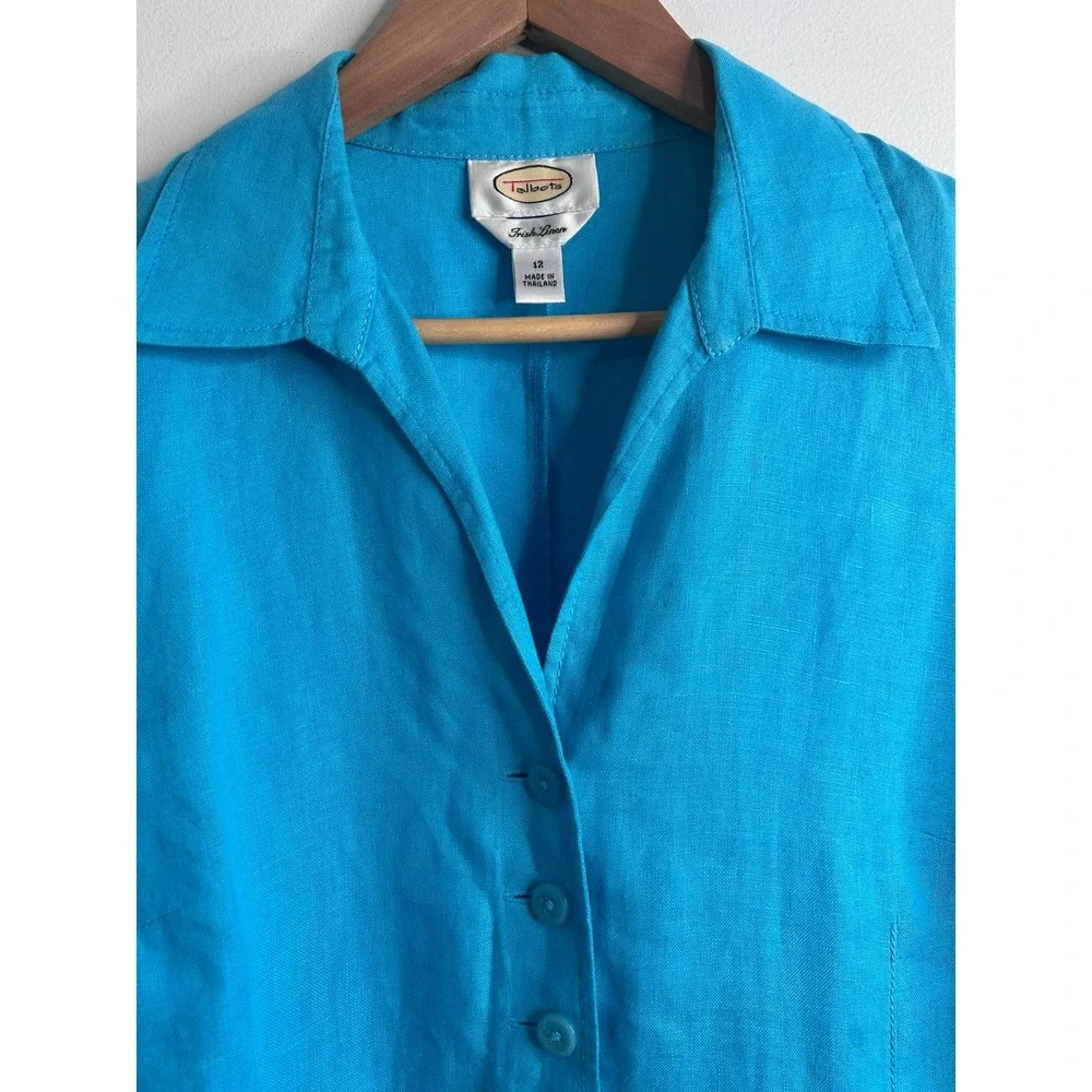 Talbots Irish Linen Jacket Womens 12 Turquoise Blue 3/4 Sleeve‎ Coastal Luxury